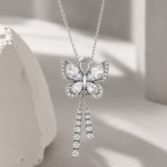 Close-up of Silver Butterfly Crystal Pendant Necklace | Sultan Jewelers