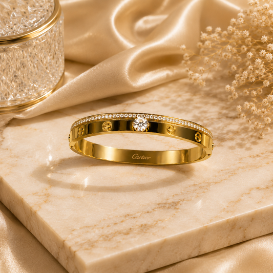 Close-up of Gold Plated Stainless Steel Crystal Screw Bracelet | Sultan Jewelers