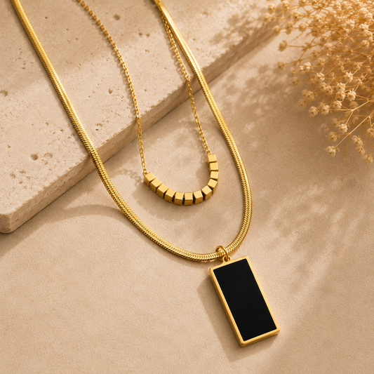 Close-up of Luxury Black Rectangle 2-Piece Layered Necklace Set for Women | Sultan Jewelers