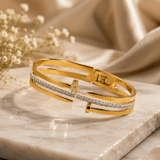 Close-up of Gold Plated Stainless Steel Nail Crystal Cuff Bracelet | Sultan Jewelers