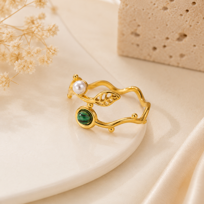 Luxury Gold-Plated Pearl & Green Stone Adjustable Ring
 | Sultan Jewelers