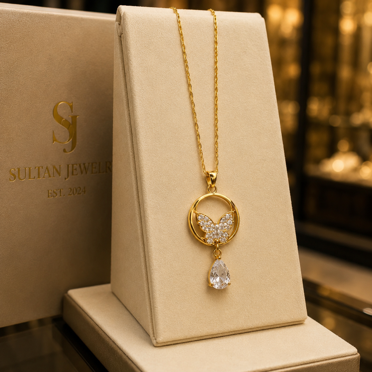 Butterfly Crystal Drop Pendant Necklace – Gold Platedfor Women | Sultan Jewelers