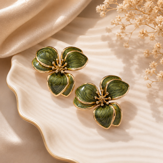 Elegant Green Enamel Floral Stud Earrings for Women for Women | Sultan Jewelers background.