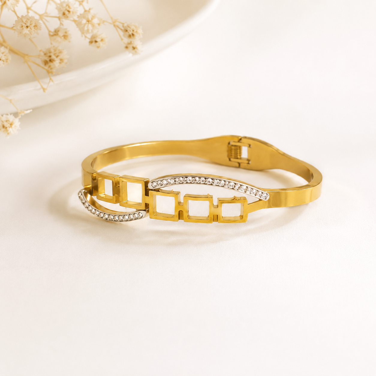 Gold Plated Stainless Steel Geometric Crystal Bracelet for Women | Sultan Jewelers