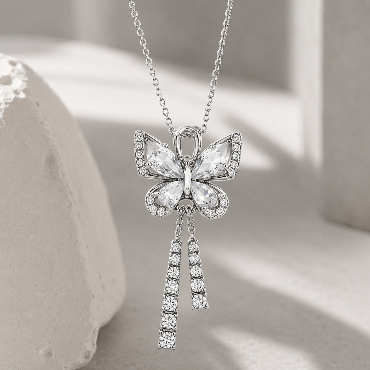 Close-up of Silver Butterfly Crystal Pendant Necklace | Sultan Jewelers