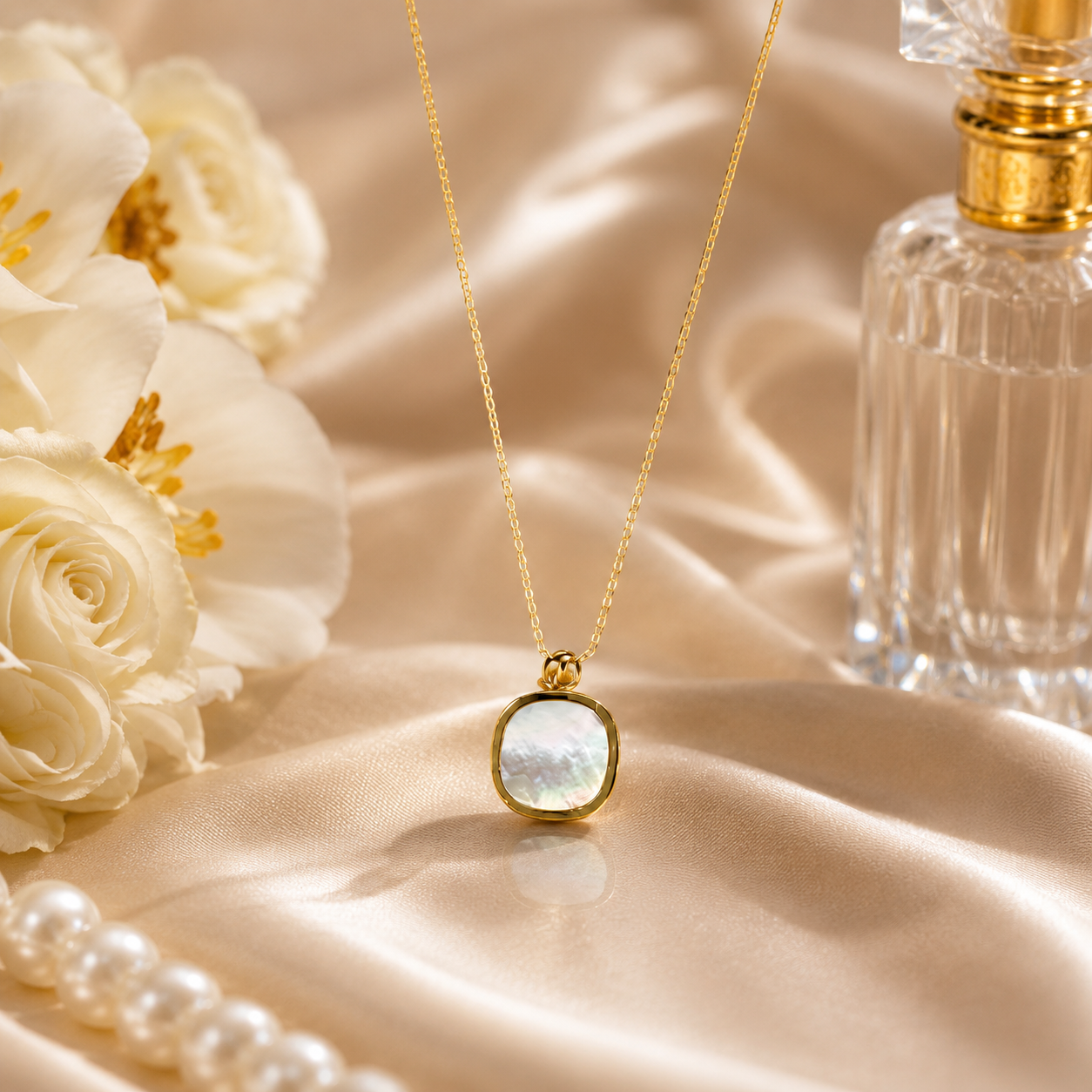 Gold Mother of Pearl Square Pendant Necklace for Women | Sultan Jewelers