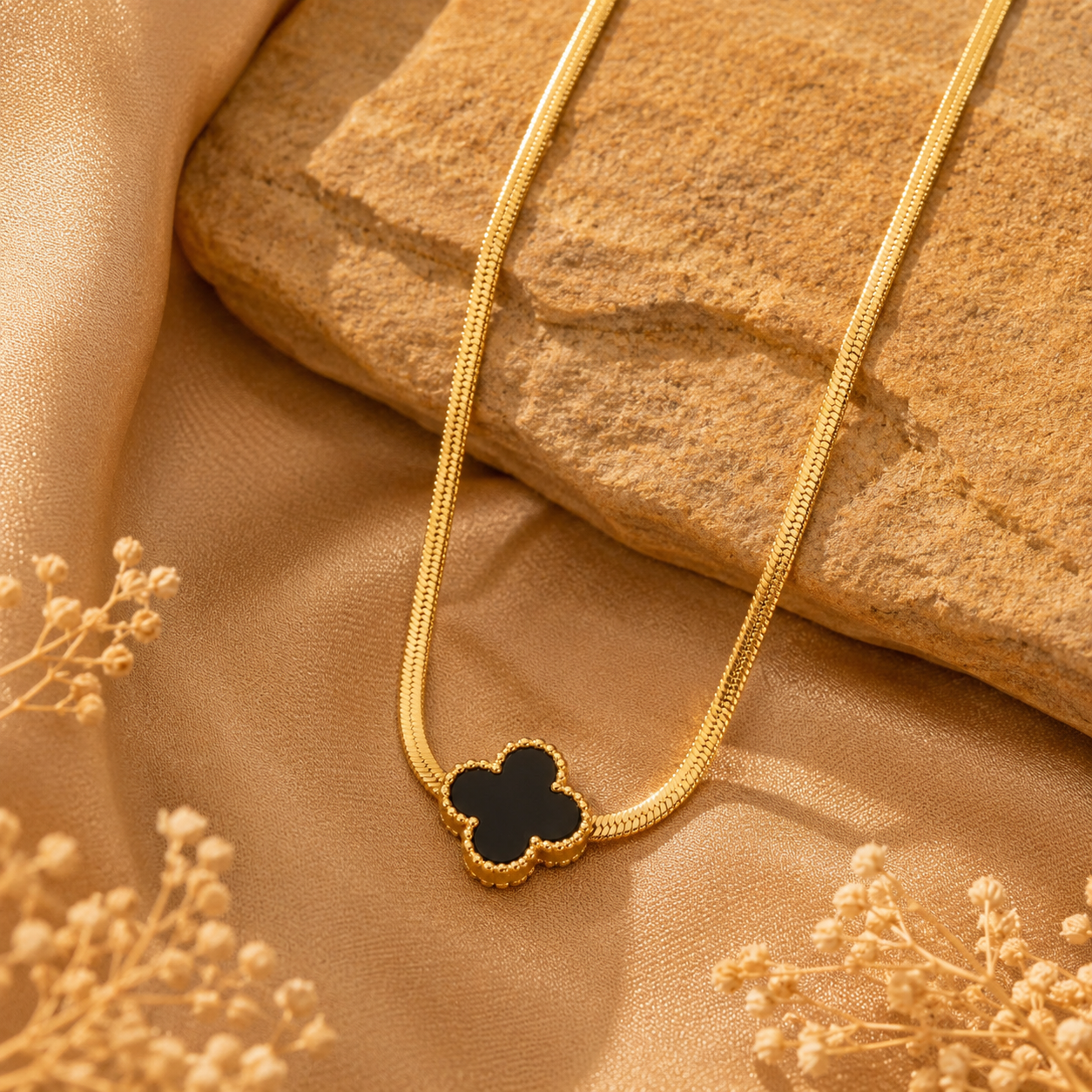 Gold Clover Pendant Necklace – Black Enamel for Women | Sultan Jewelers