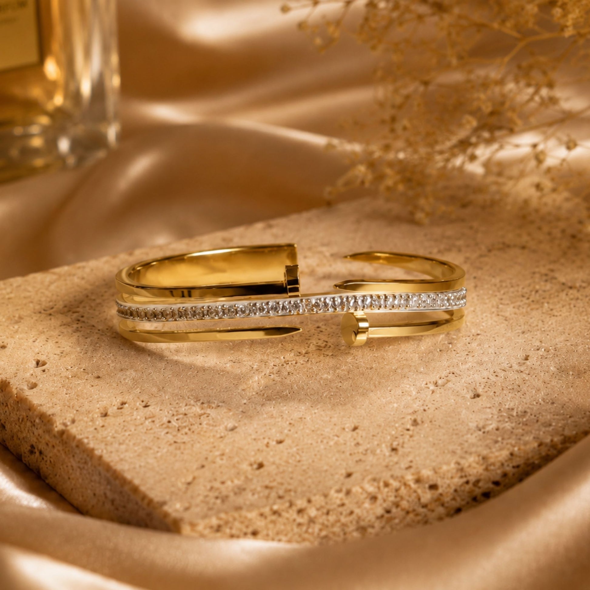 Gold Plated Stainless Steel Nail Crystal Cuff Bracelet for Women | Sultan Jewelers