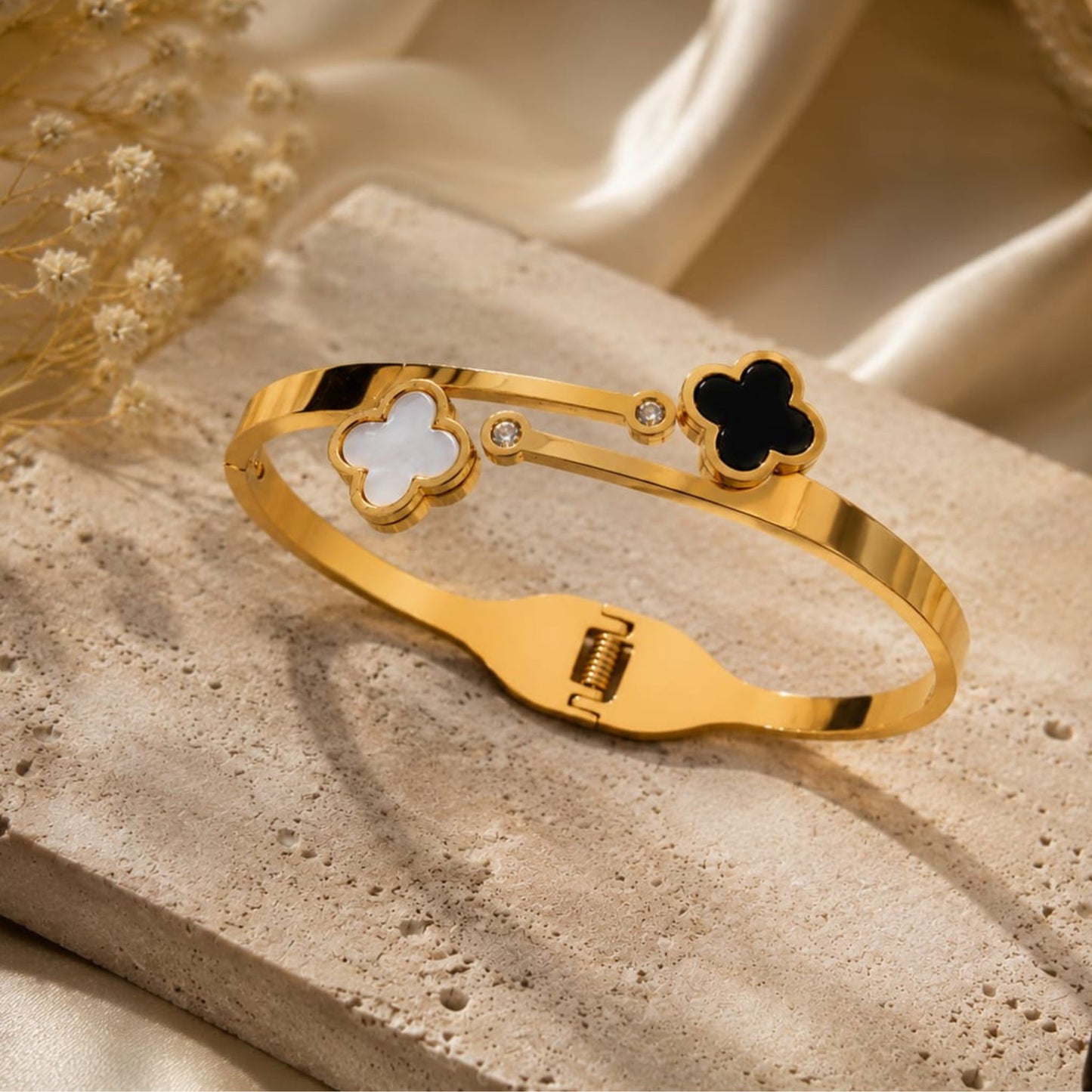 Close-up of Gold Plated Stainless Steel Double Clover Bracelet | Sultan Jewelers