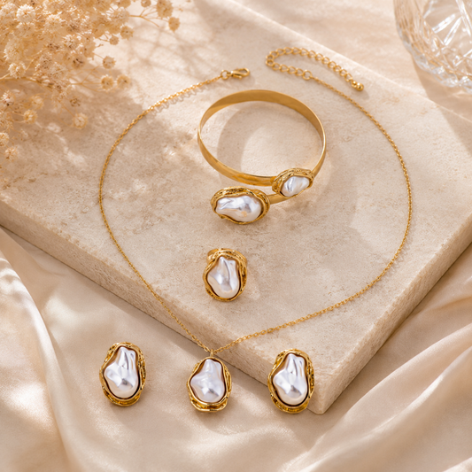 Close-up of Gold-Plated Pearl Jewelry Set | Sultan Jewelers