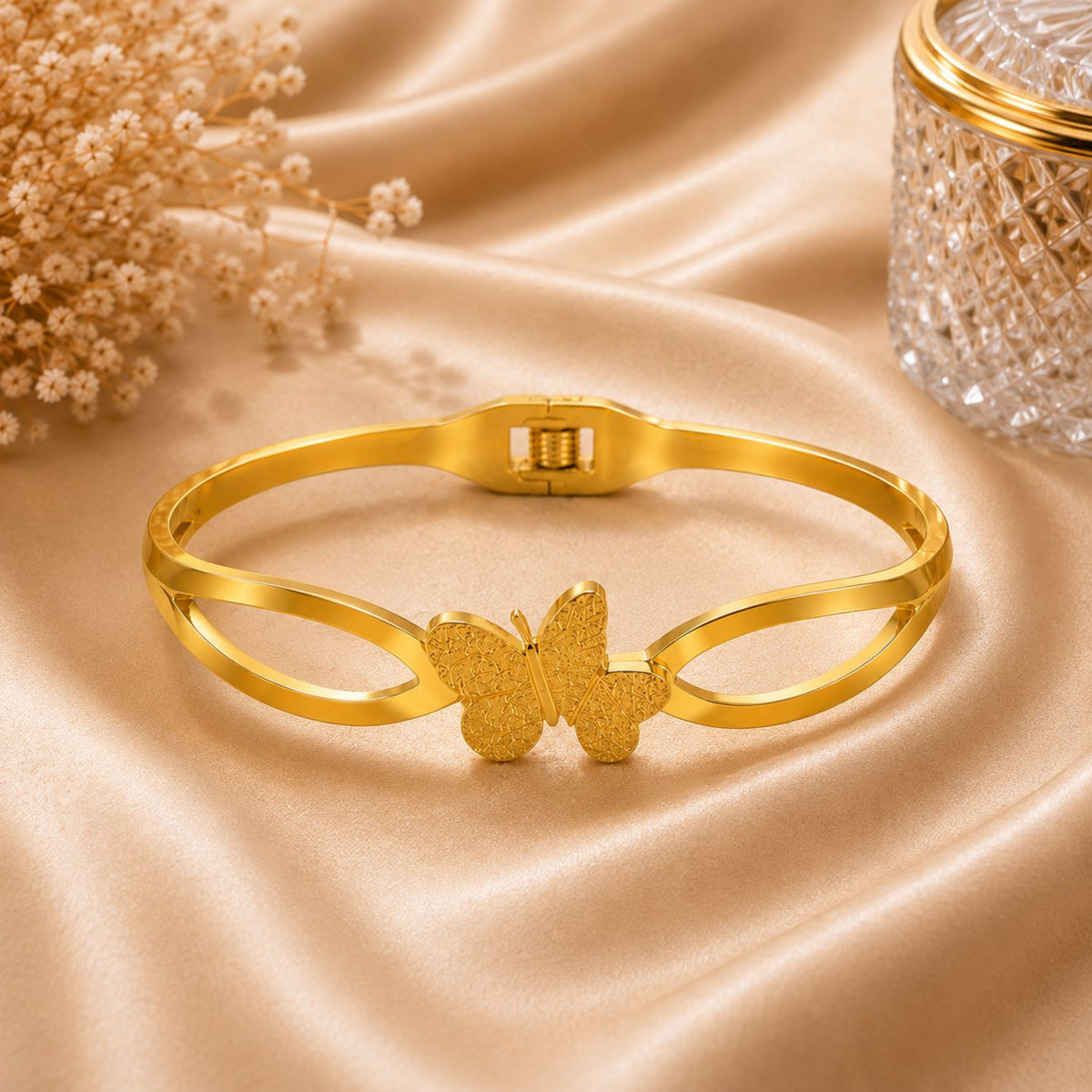 Close-up of Golden Butterfly Elegance Bangle | Sultan Jewelers