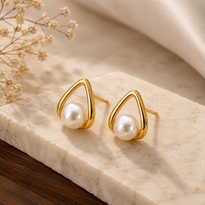 Close-up of Elegant Pearl Drop Gold Stud Earrings for Women  | Sultan Jewelers