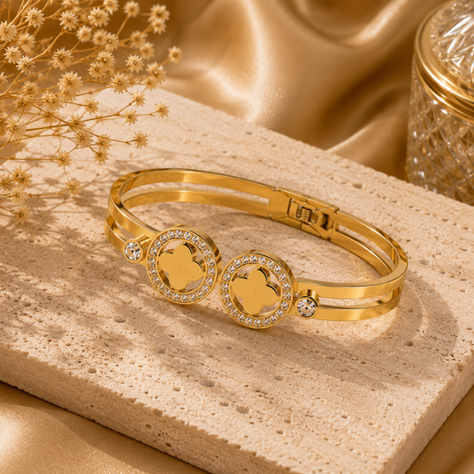 Gold Plated Double Clover Crystal Bracelet for Women | Sultan Jewelers