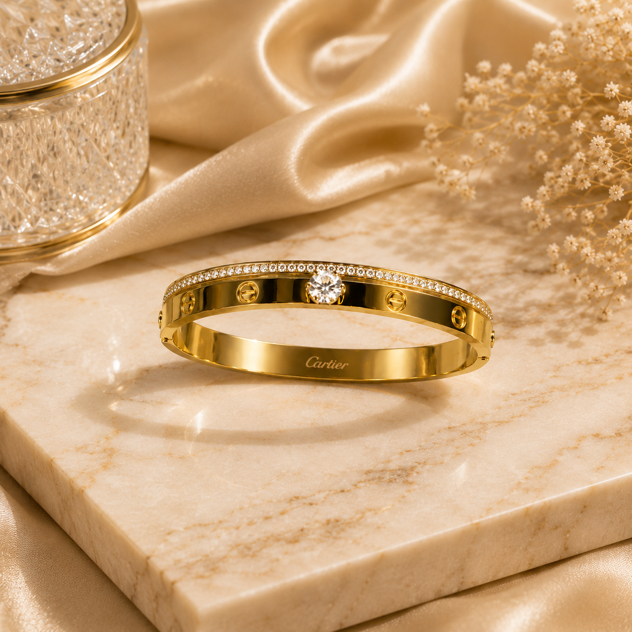 Close-up of Gold Plated Stainless Steel Crystal Screw Bracelet | Sultan Jewelers