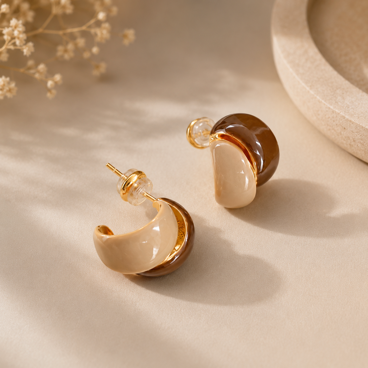 Close-up of Luna White Shell Gold-Plated Hoop Earrings | Sultan Jewelers