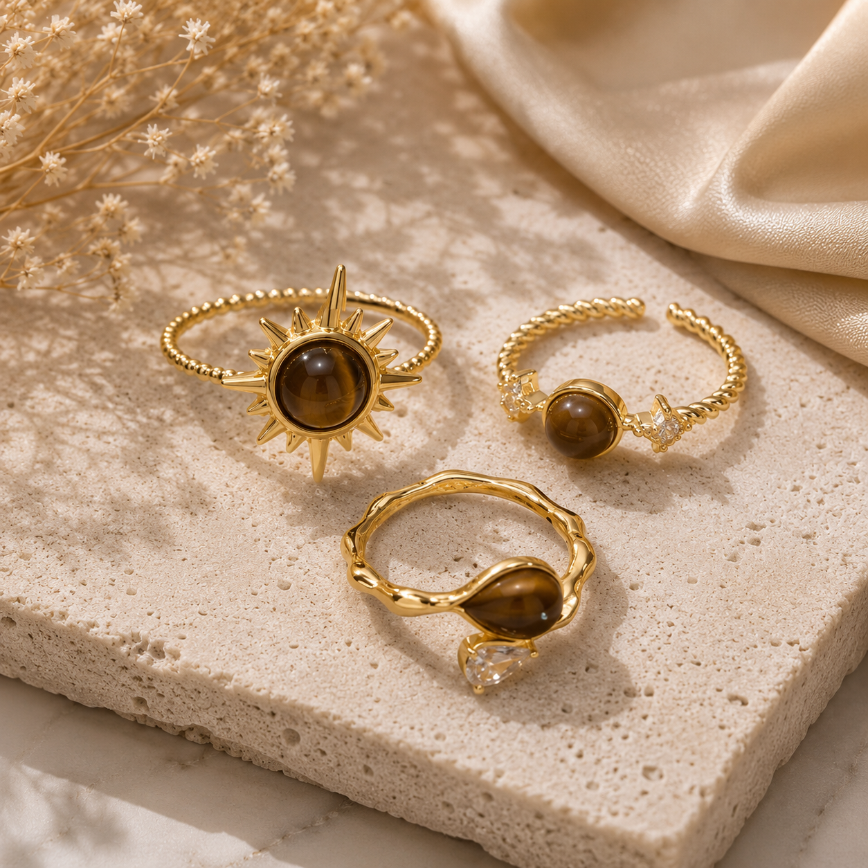 Close-up of Celestial Tiger Eye Gold Ring Set – 3 Pcs Adjustable Rings for Women | Sultan Jewelers