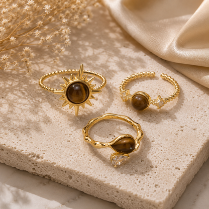 Close-up of Celestial Tiger Eye Gold Ring Set – 3 Pcs Adjustable Rings for Women | Sultan Jewelers