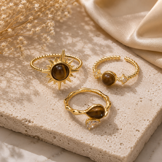 Close-up of Celestial Tiger Eye Gold Ring Set – 3 Pcs Adjustable Rings for Women | Sultan Jewelers