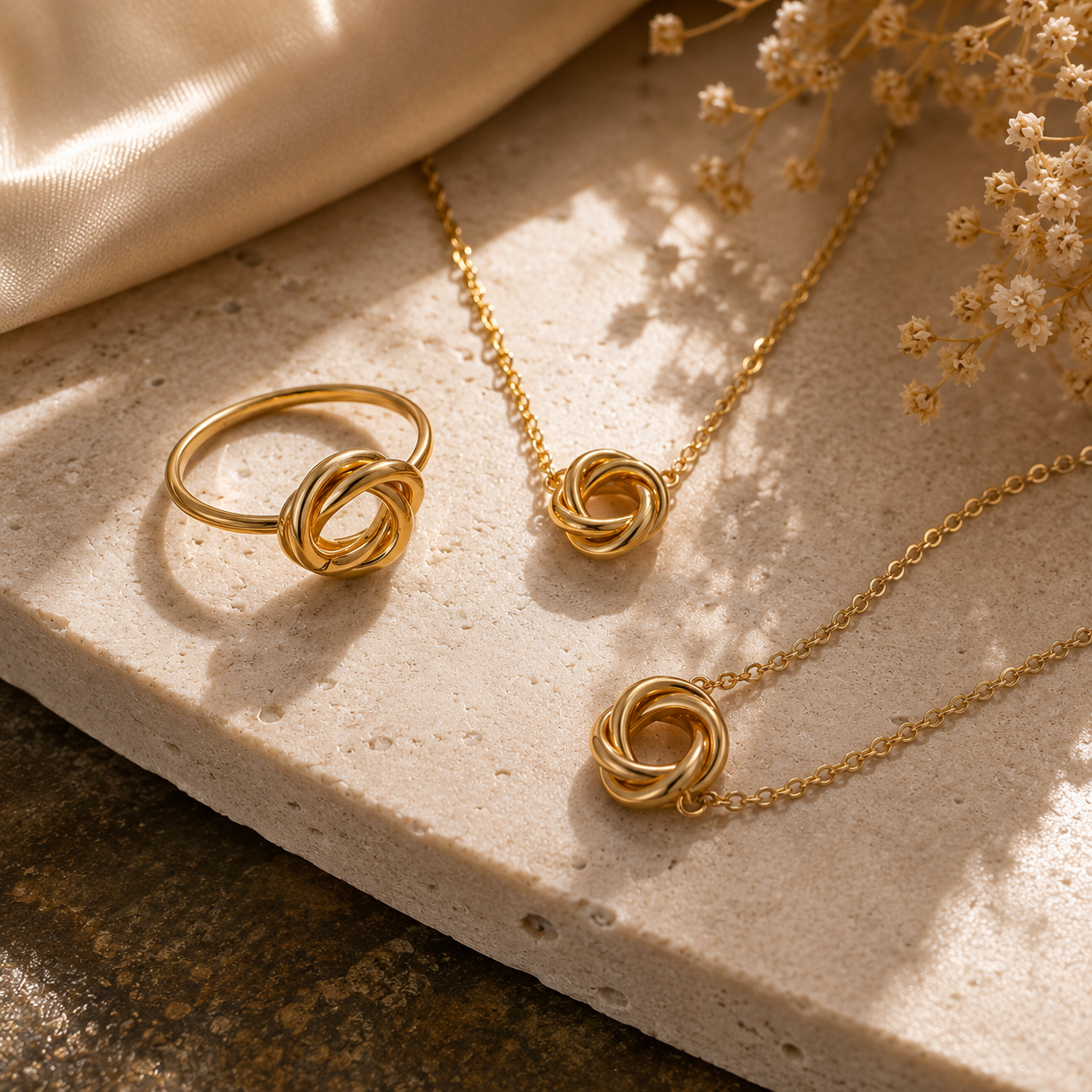 Close-up of Gold-Plated Infinity Knot Jewelry Set | Sultan Jewelers