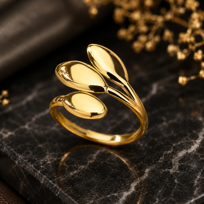 Close-up of Elegant Gold-Plated Adjustable Leaf Ring | Sultan Jewelers