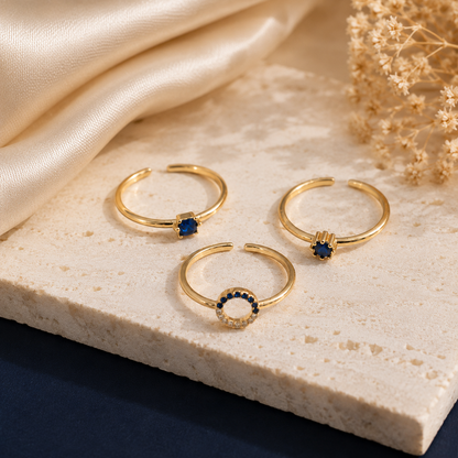 Close-up of Gold-Plated Adjustable Sapphire Ring Set | Sultan Jewelers