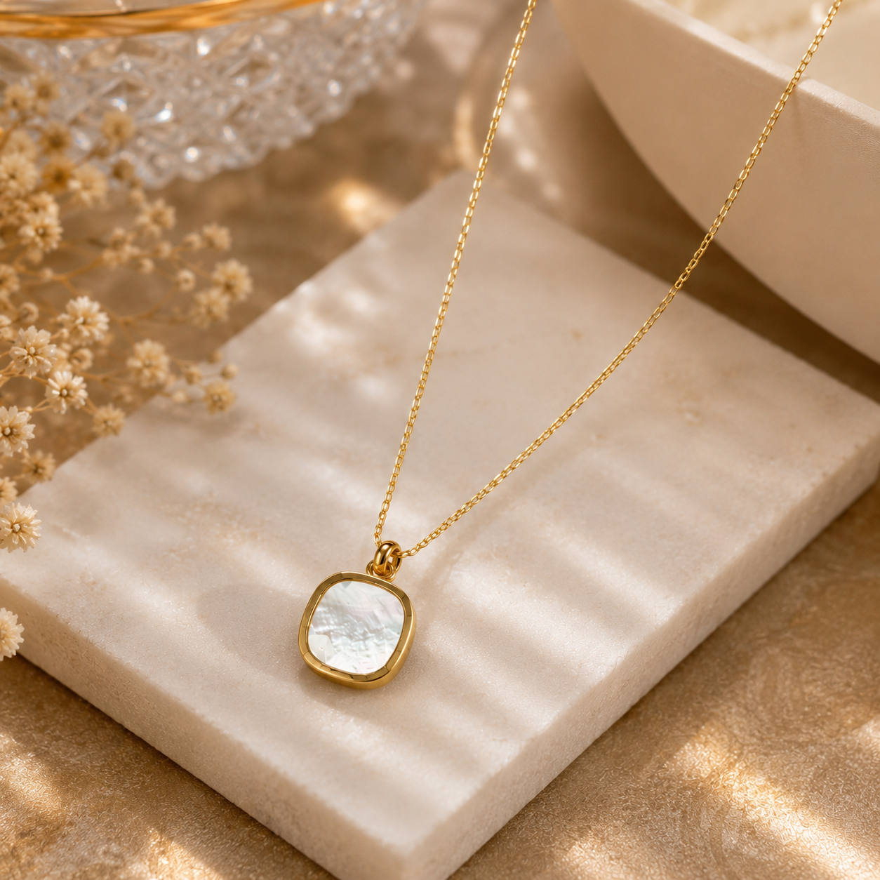 Close-up of Gold Mother of Pearl Square Pendant Necklace | Sultan Jewelers