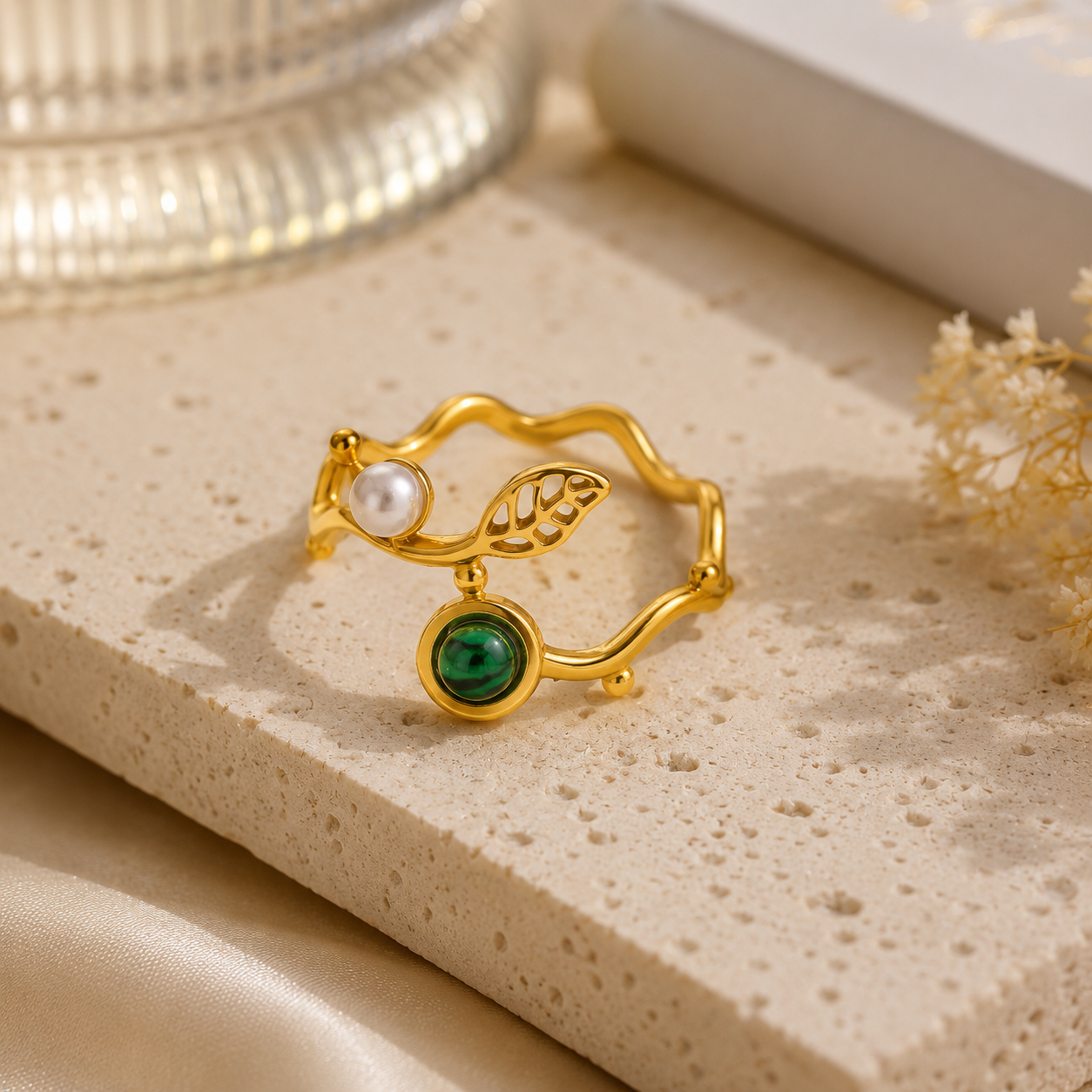 Luxury Flat Lay of Gold-Plated Pearl & Green Stone Adjustable Ring