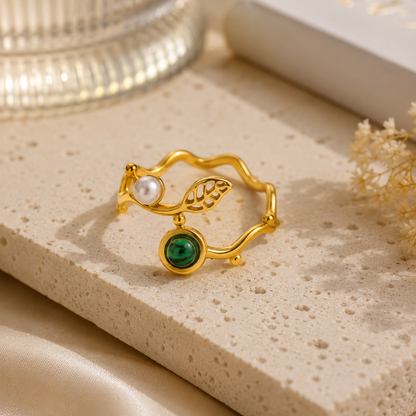 Luxury Flat Lay of Gold-Plated Pearl & Green Stone Adjustable Ring