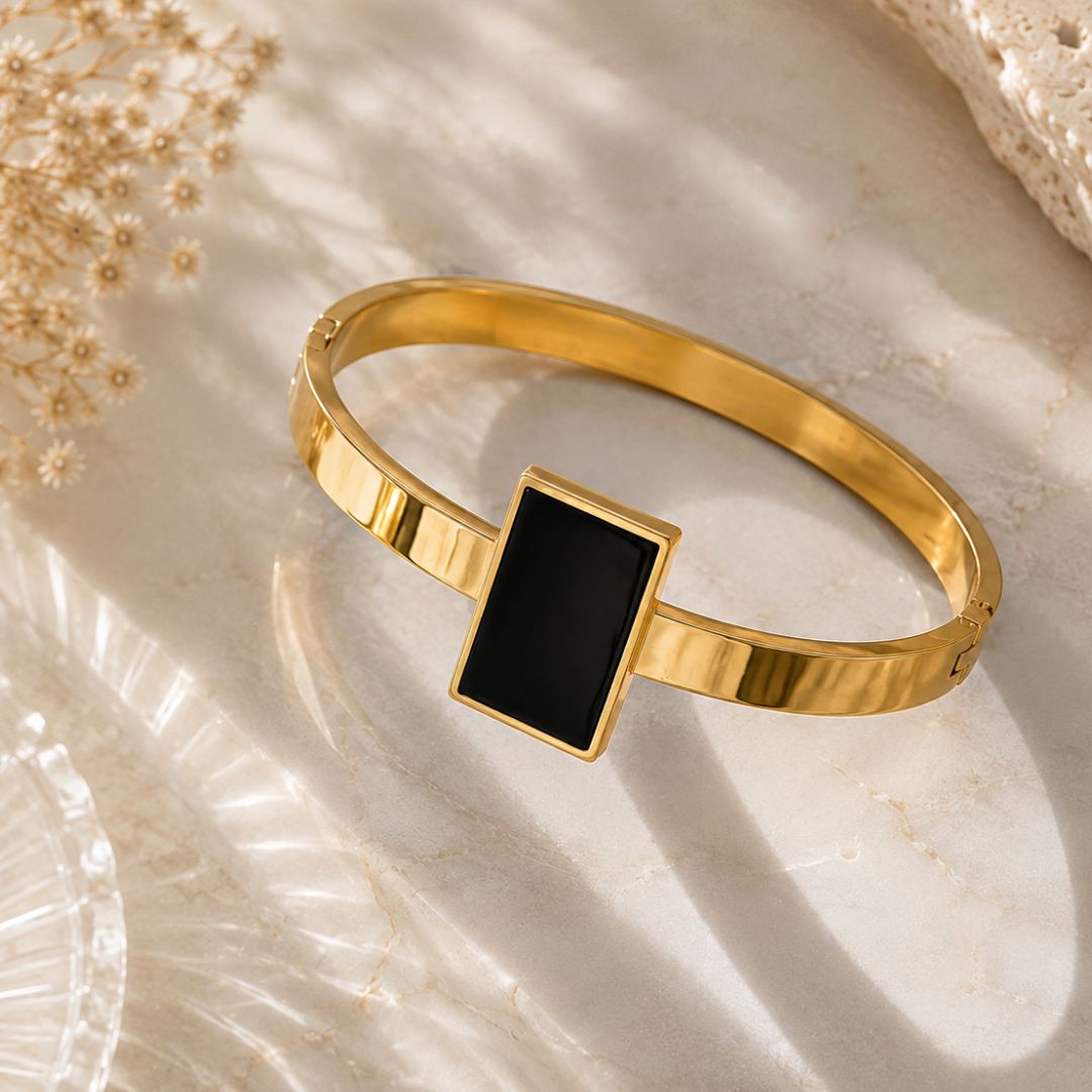 Close-up of Luxury Black Rectangle Gold Bracelet for Women | Sultan Jewelers
