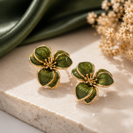 Close-up of Elegant Green Enamel Floral Stud Earrings for Women | Sultan Jewelers