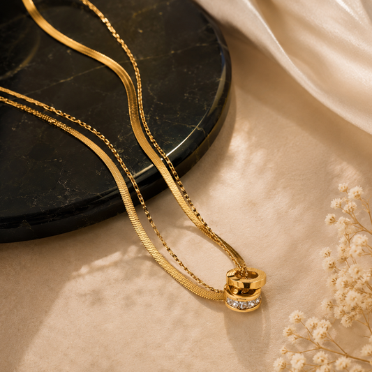Close-up of Luxury Double Chain Crystal Ring Pendant Necklace for Women| Sultan Jewelers
