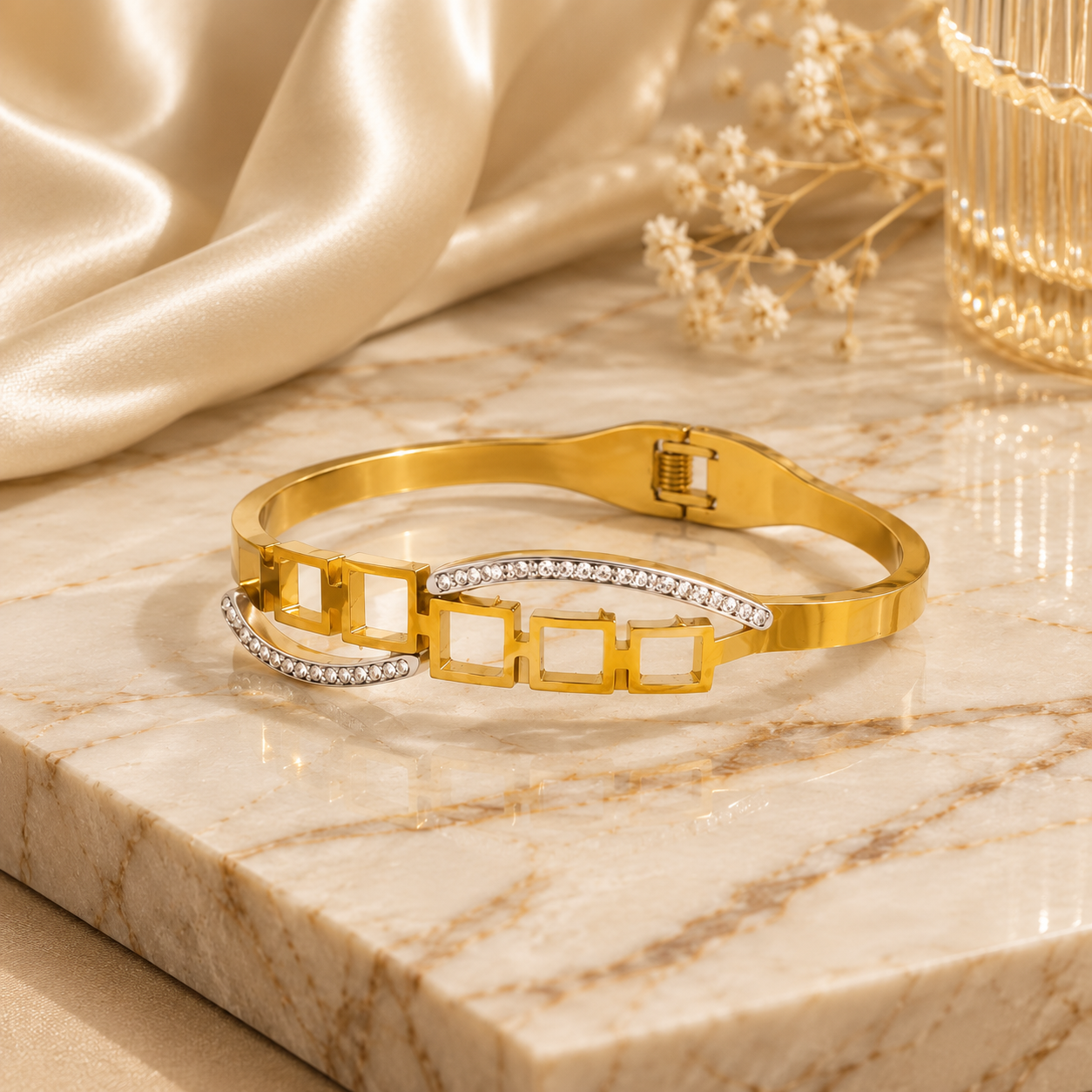 Close-up of Gold Plated Stainless Steel Geometric Crystal Bracelet | Sultan Jewelers