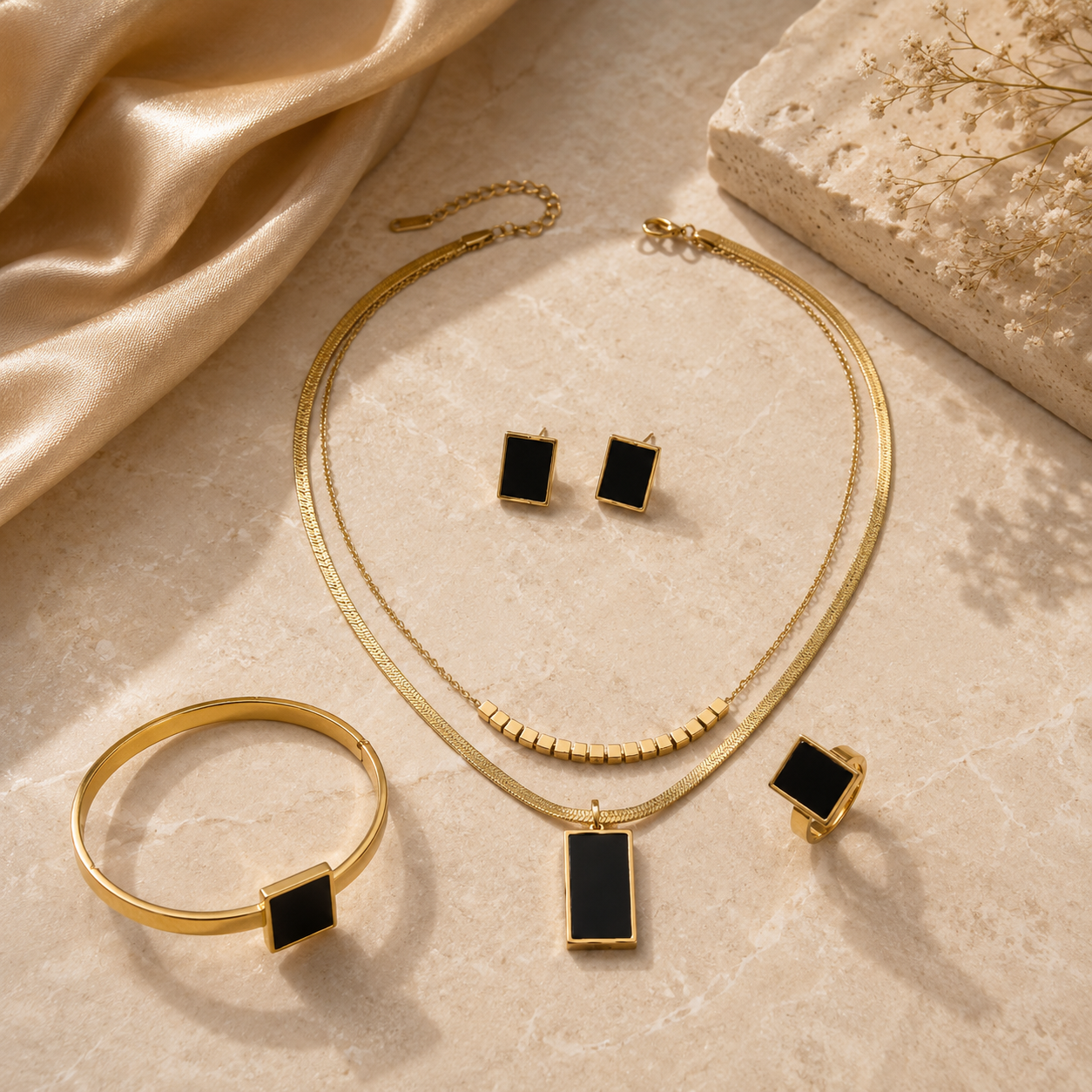 Close-up of Luxury Black Rectangle 5-Piece Jewelry Set for Women | Sultan Jewelers