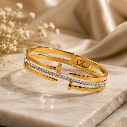 Close-up of Gold Plated Stainless Steel Nail Crystal Cuff Bracelet | Sultan Jewelers