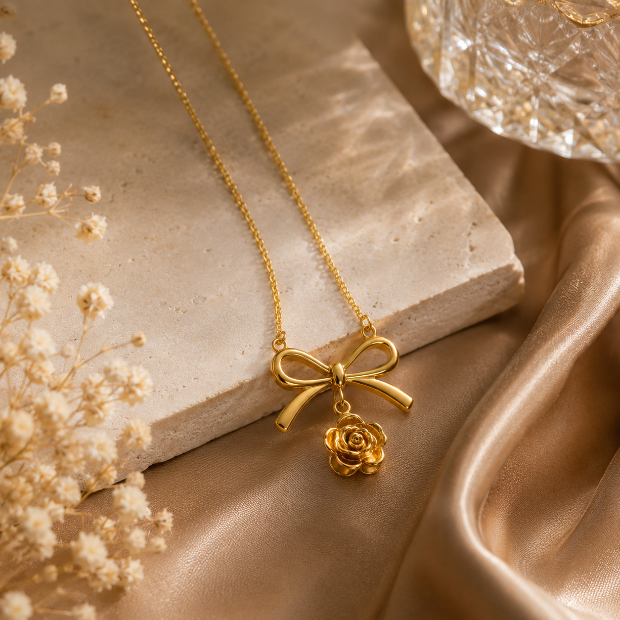 Close-up of Golden Bow Rose Pendant Necklace | Sultan Jewelers