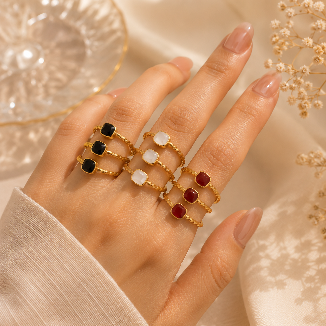 Woman wearing Elegant Triple Band Adjustable Gold-Plated Ring for Women | Sultan Jewelers