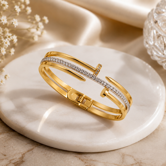 Luxury Gold Plated Stainless Steel Nail Crystal Cuff Bracelet | Sultan Jewelers
