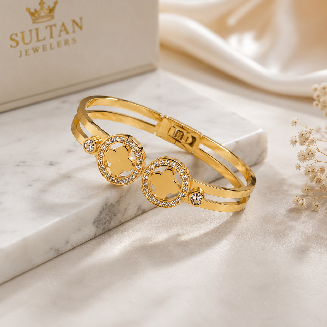 Close-up of Gold Plated Double Clover Crystal Bracelet | Sultan Jewelers