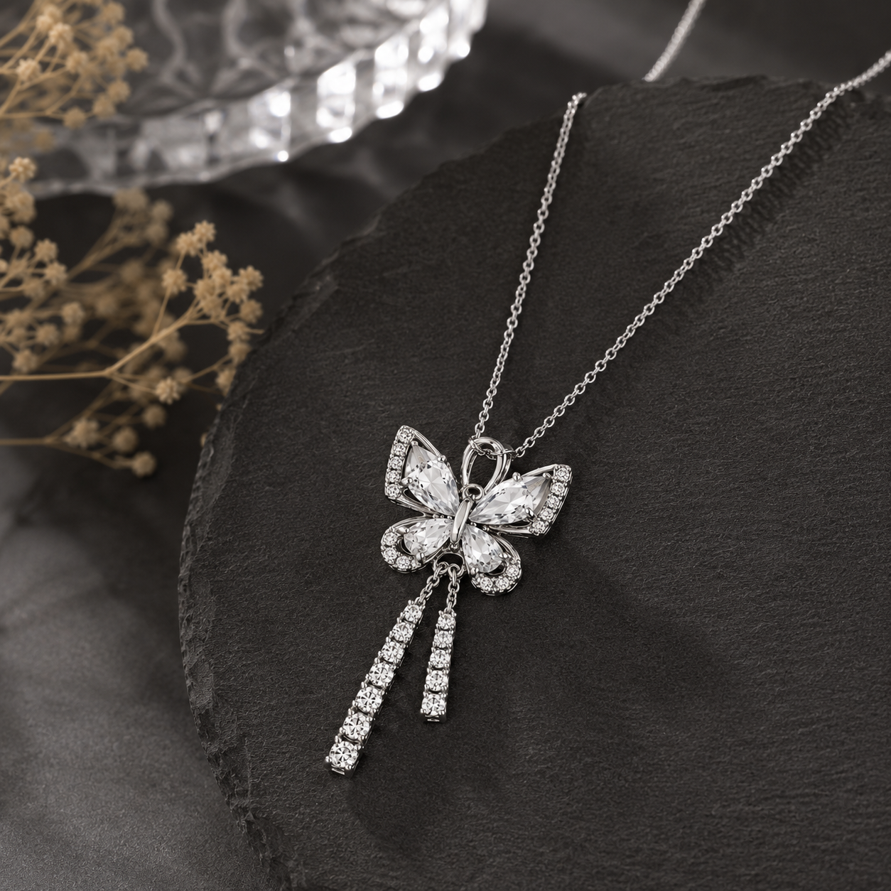 Luxury Silver Butterfly Crystal Pendant Necklace] | Sultan Jewelers