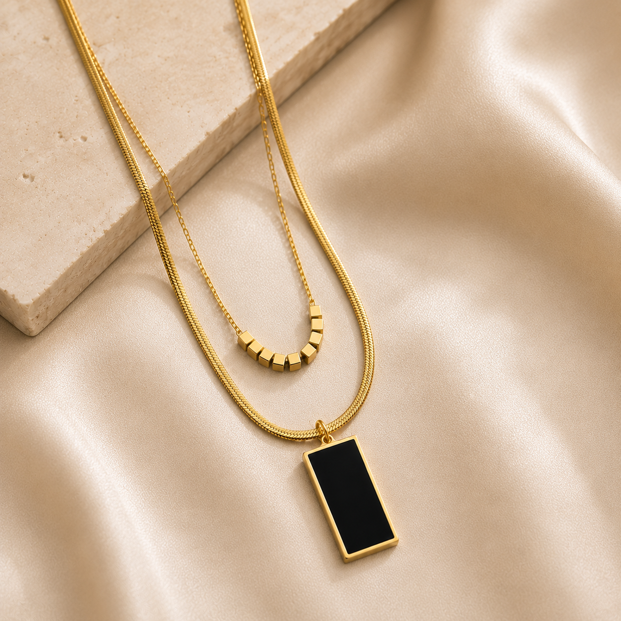  Luxury Black Rectangle 2-Piece Layered Necklace Set for Women| Sultan Jewelers