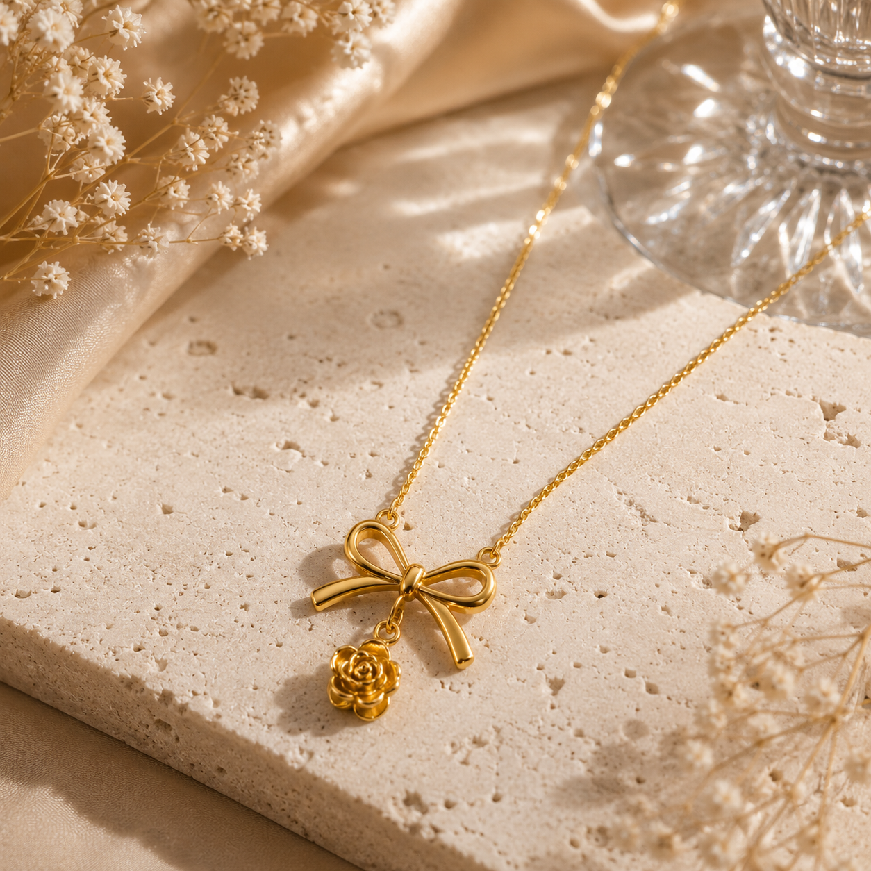 Luxury Golden Bow Rose Pendant Necklace | Sultan Jewelers