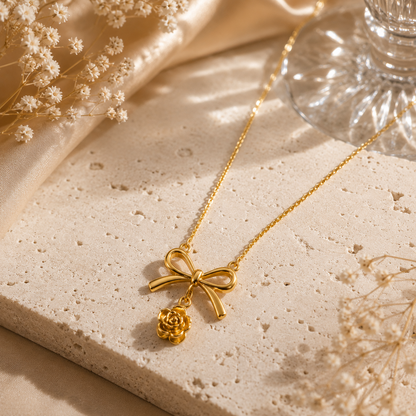 Luxury Golden Bow Rose Pendant Necklace | Sultan Jewelers