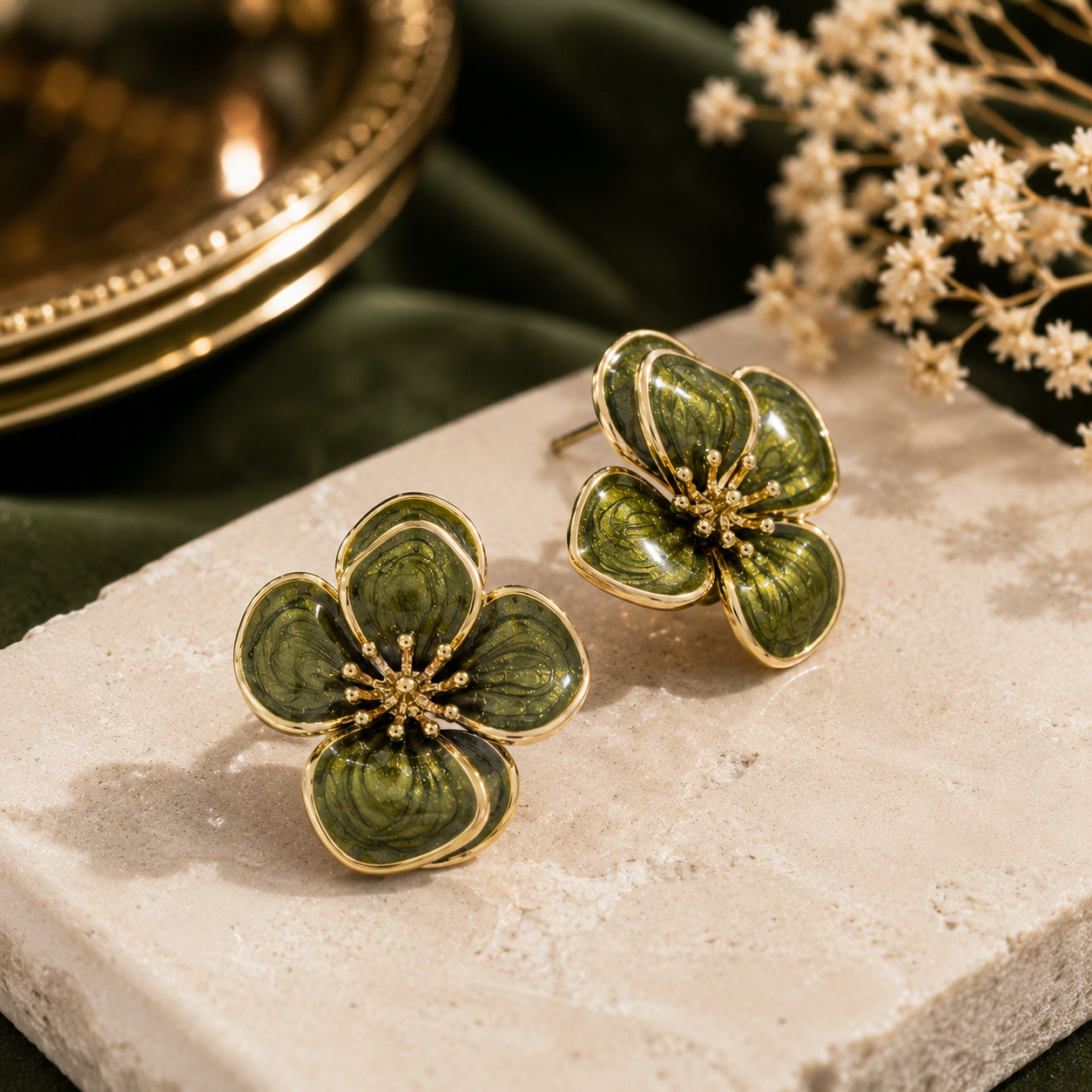 Luxury Elegant Green Enamel Floral Stud Earrings for Women] | Sultan Jewelers