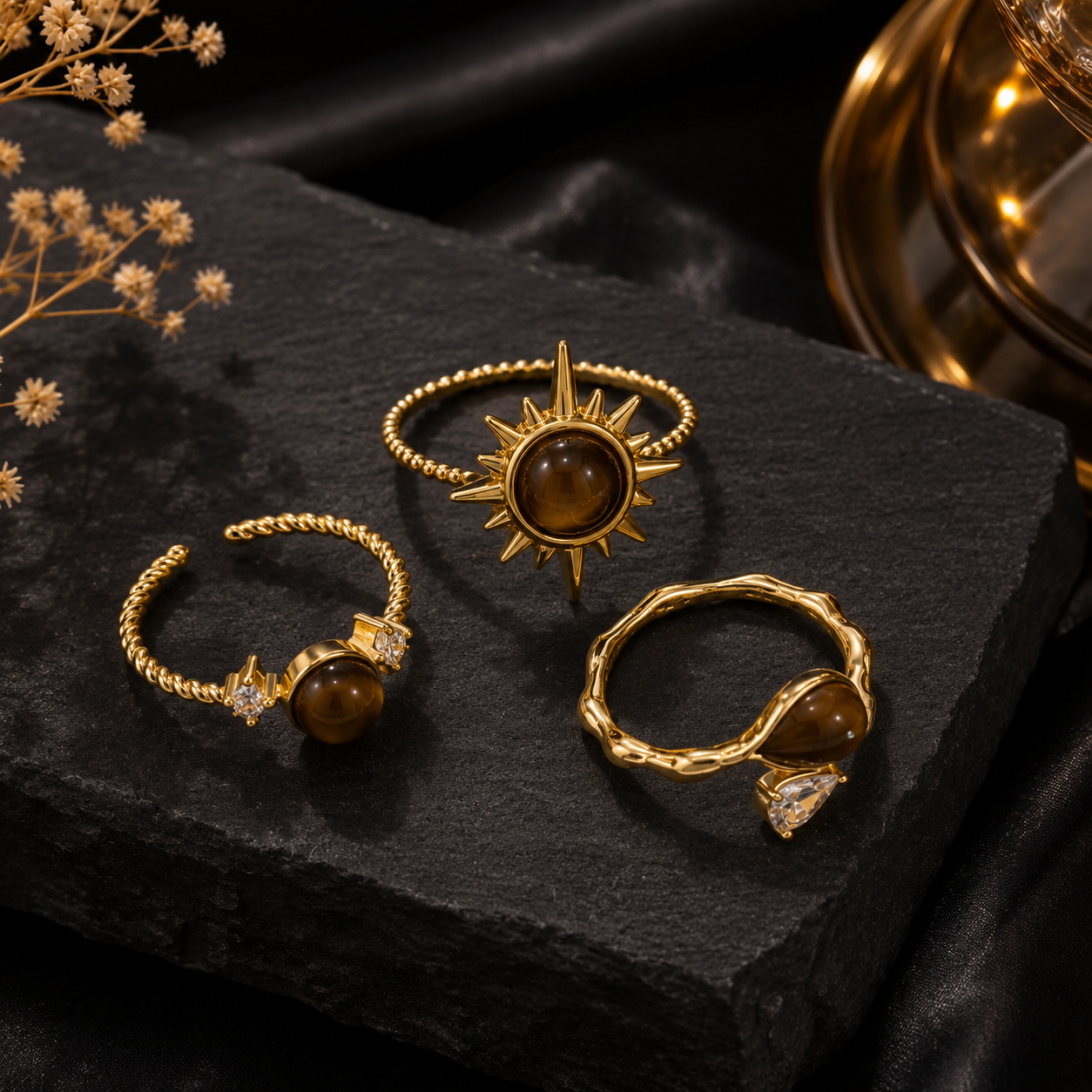 Close-up of Celestial Tiger Eye Gold Ring Set – 3 Pcs Adjustable Rings for Women | Sultan Jewelers