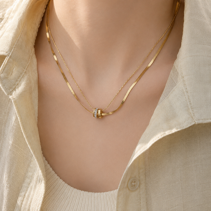 Woman wearing Luxury Double Chain Crystal Ring Pendant Necklace for Women | Sultan Jewelers
