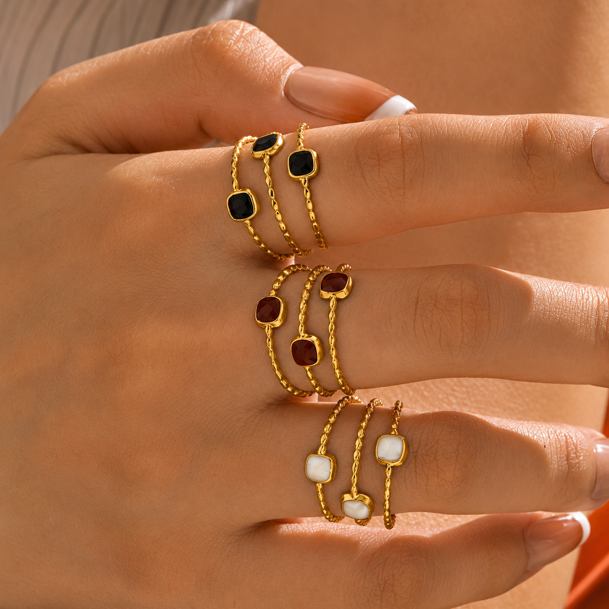 Woman wearing Elegant Triple Band Adjustable Gold-Plated Ring for Women | Sultan Jewelers