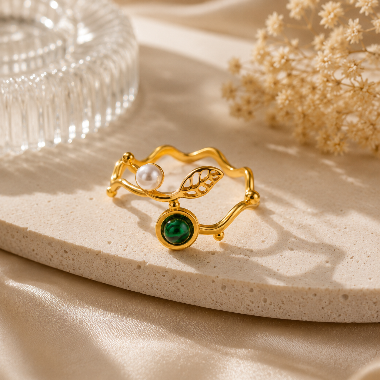 Close-up of Gold-Plated Pearl & Green Stone Adjustable Ring
 | Sultan Jewelers