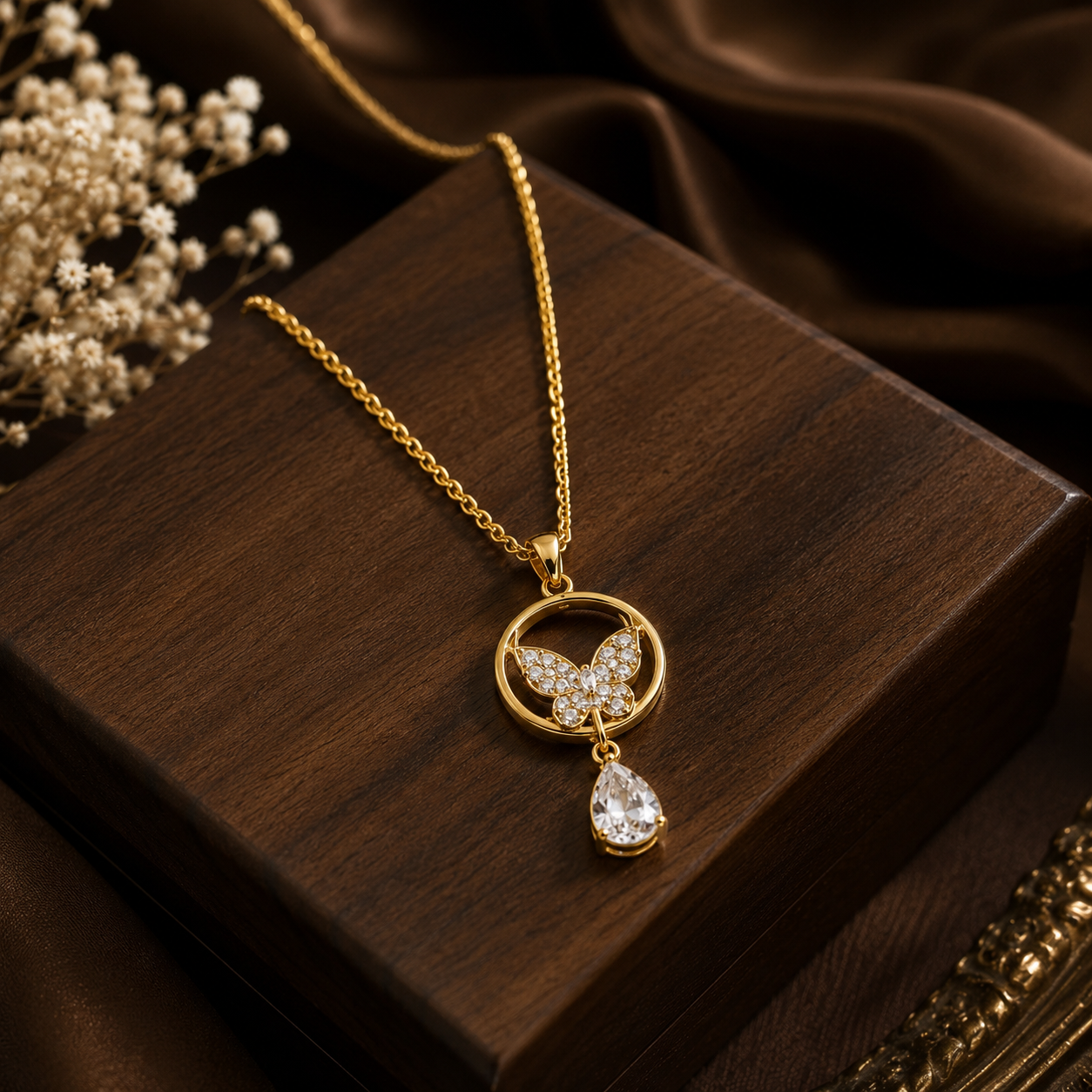 Luxury Butterfly Crystal Drop Pendant Necklace – Gold Plated | Sultan Jewelers