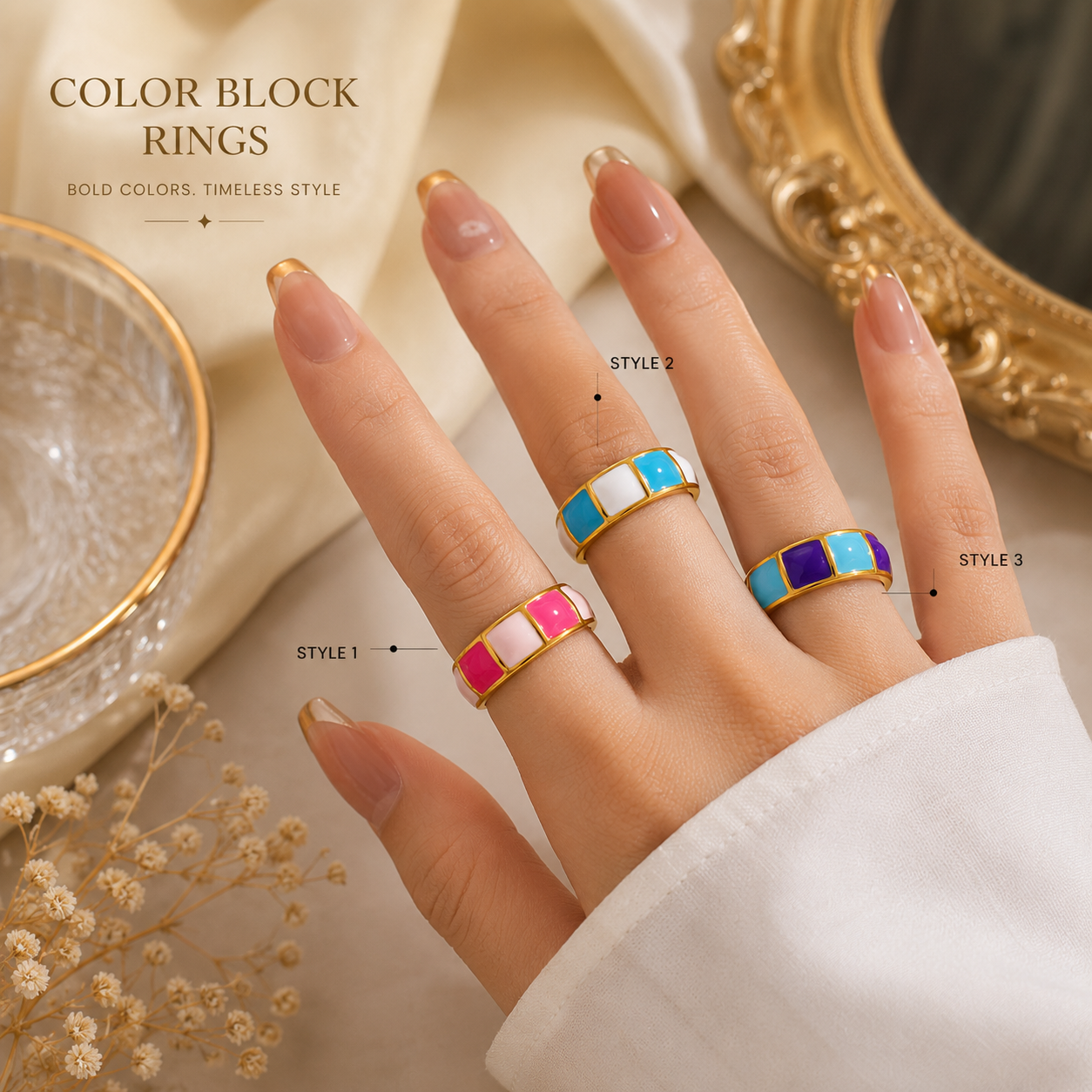 Woman wearing Elegant Gold-Plated Color Block Adjustable Ring for Women | Sultan Jewelers