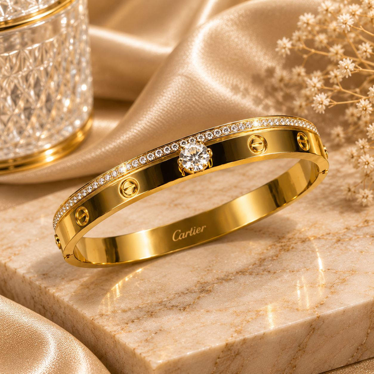 Luxury Gold Plated Stainless Steel Crystal Screw Bracelet | Sultan Jewelers